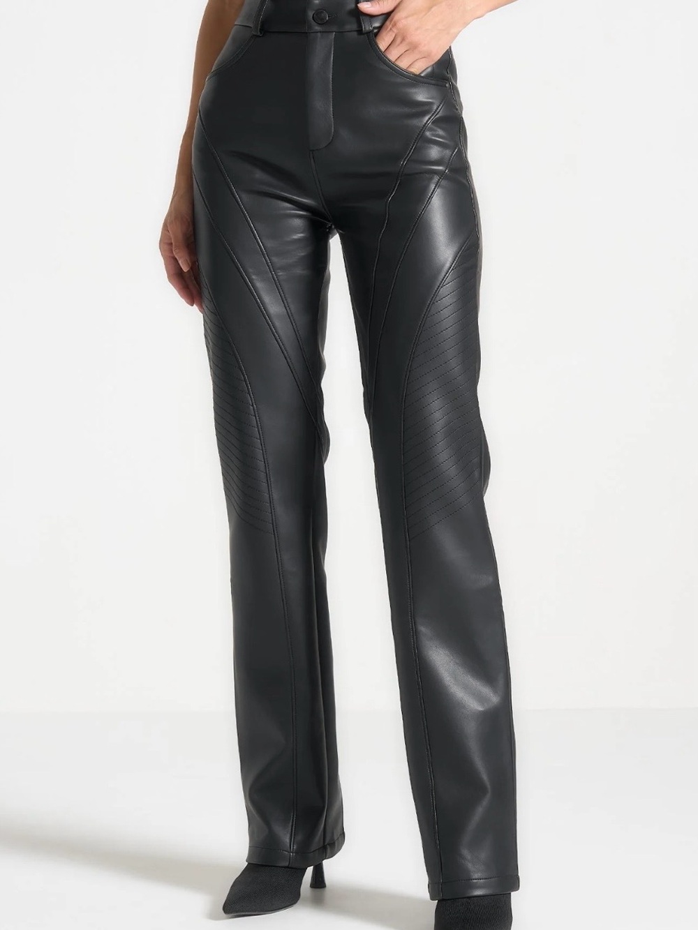Genuine Leather High-Waist Straight-Leg Pants - Black